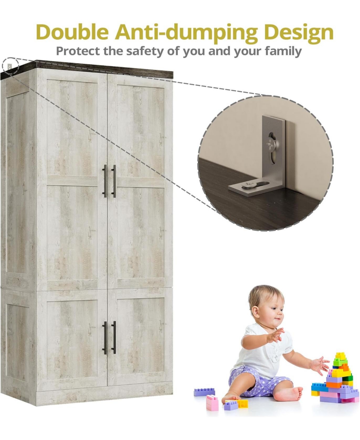 Likimio Rustic White Large Wardrobe Closet with Hanging Rod and 2 Doors