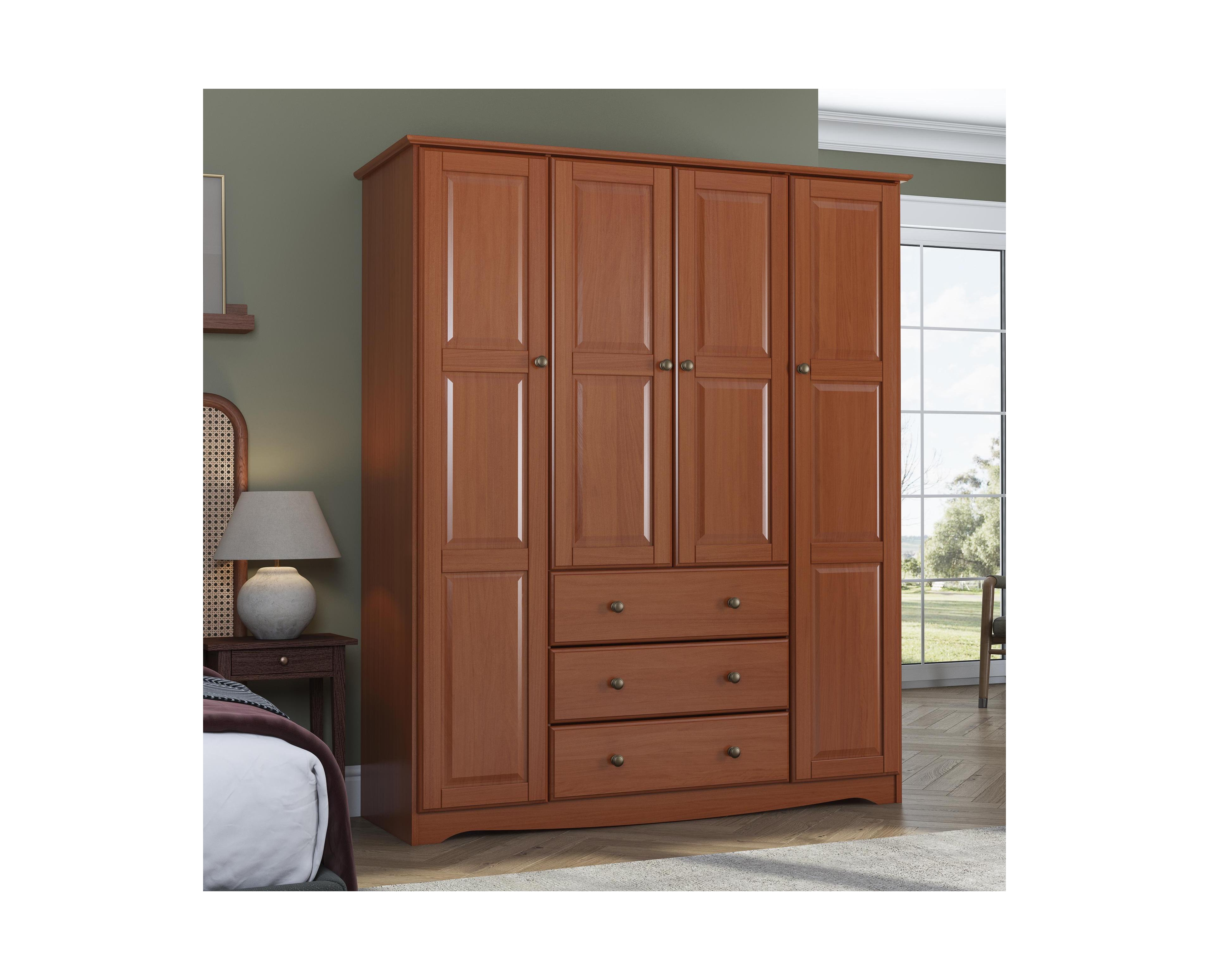 Palace Imports 100% Solid Wood Family 4-Door Wardrobe with Raised Panel Doors and Metal Knobs
