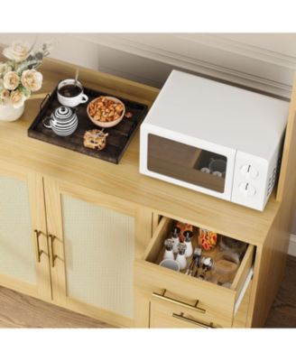 71" Kitchen Pantry Cabinet with Rattan Doors, 3 Drawers, 6 Hooks & Adjustable Shelves – Freestanding Storage Buffet, Natural