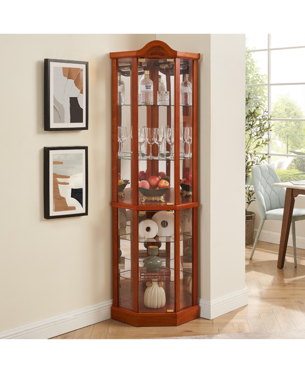 Lovmor Corner Glass Curio Cabinet Led Light Adjustable Shelves Push Open Display