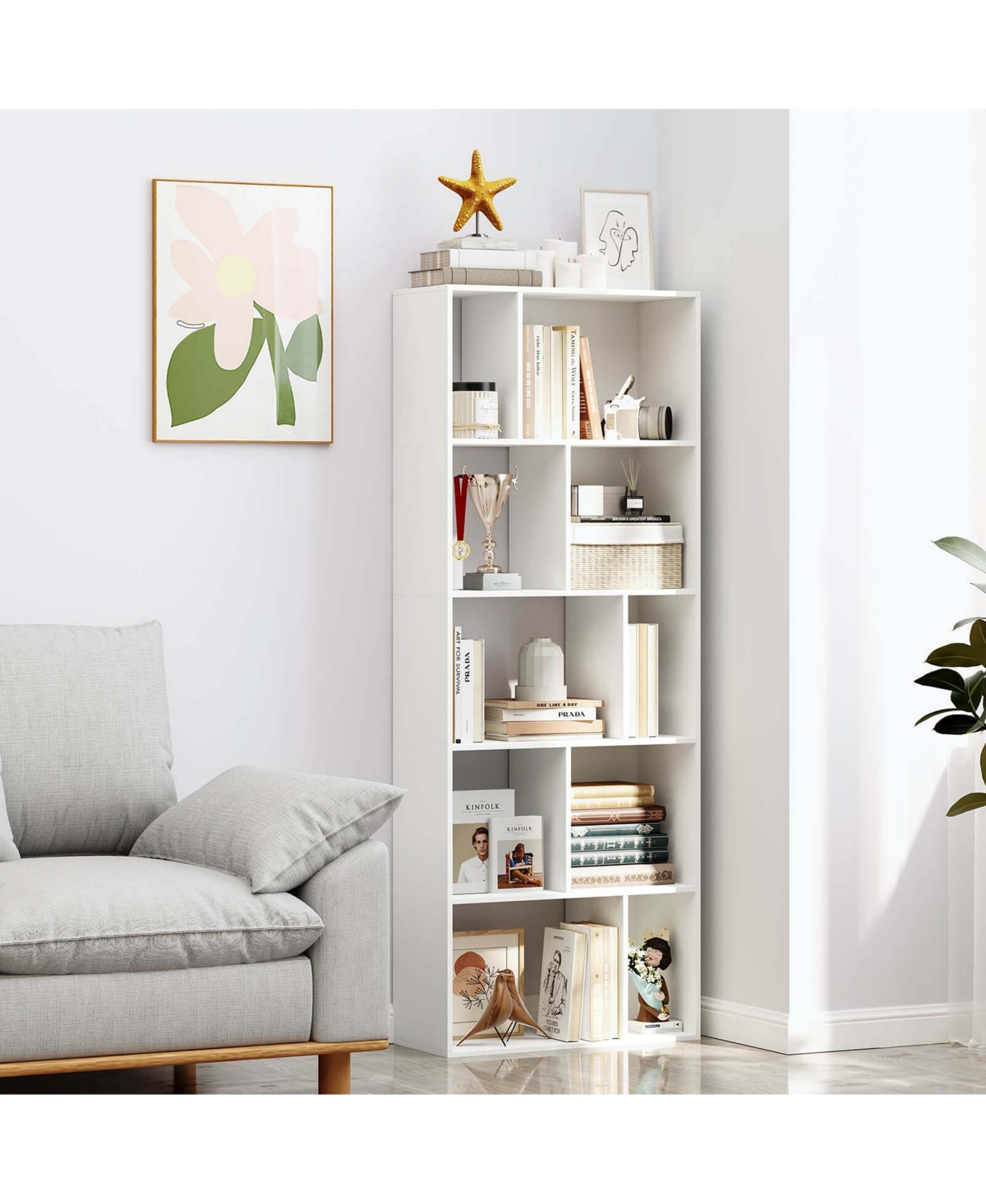 Costway 63" Tall Floor Standing Open Bookshelf with 10 Cubbies 5 Back Anti-falling Panels