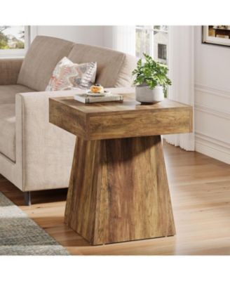 Small End Table, Rustic Square Side Table with Wide Base, Farmhouse Small Nightstand Beside Bed, Next to Armchair, for Living Room, Brown