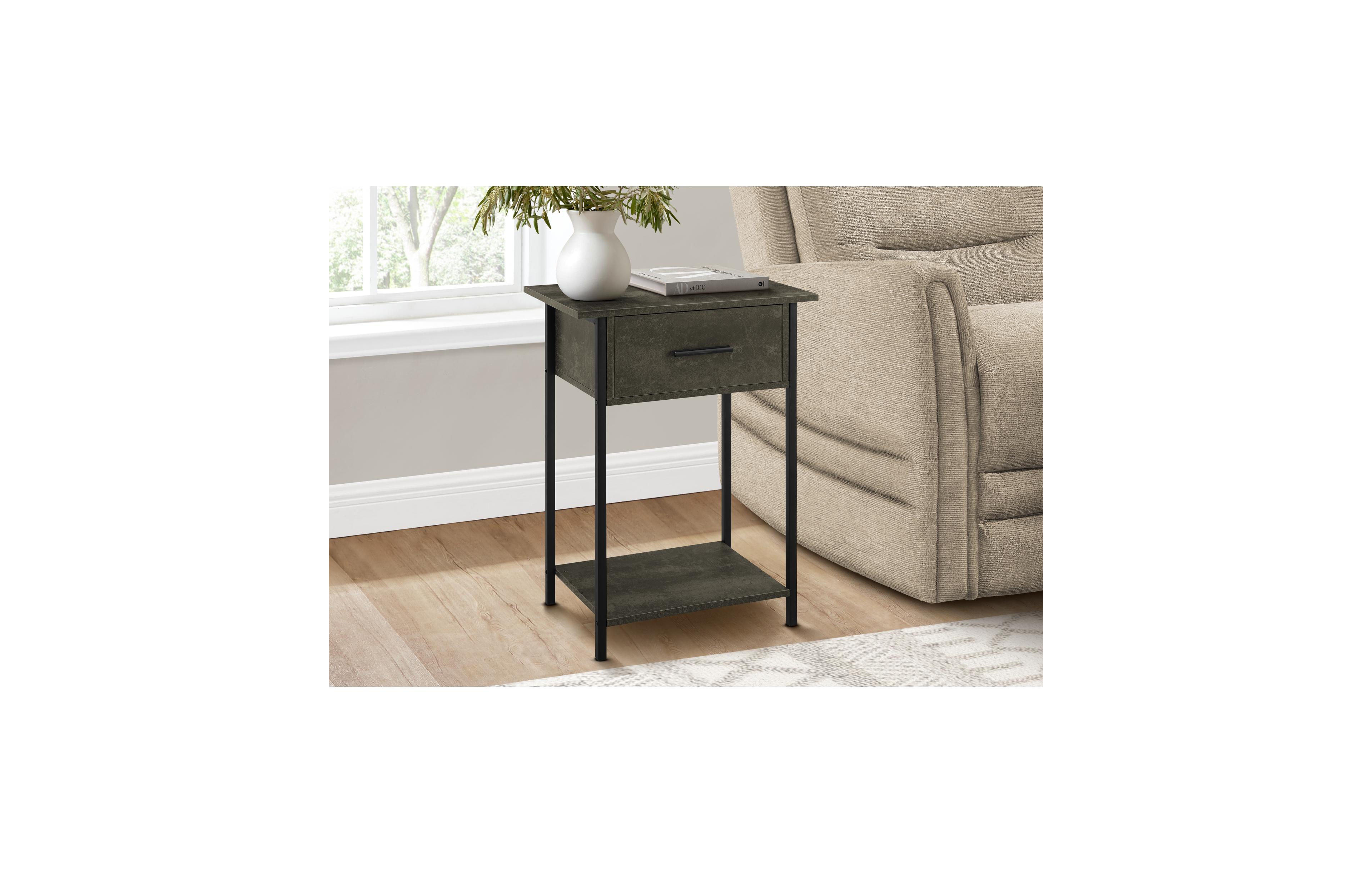 Lovmor Accent Table, 2 Tier, End, Lamp, Living Room, Side Table, Storage Drawer, Small, Dark Bronze Laminate, Black Metal, Contemporary