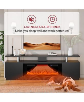 80" TV Stand with 36" Electric Fireplace, 12 Flame Colors, Glass Shelves, Storage Cabinets, Black Finish
