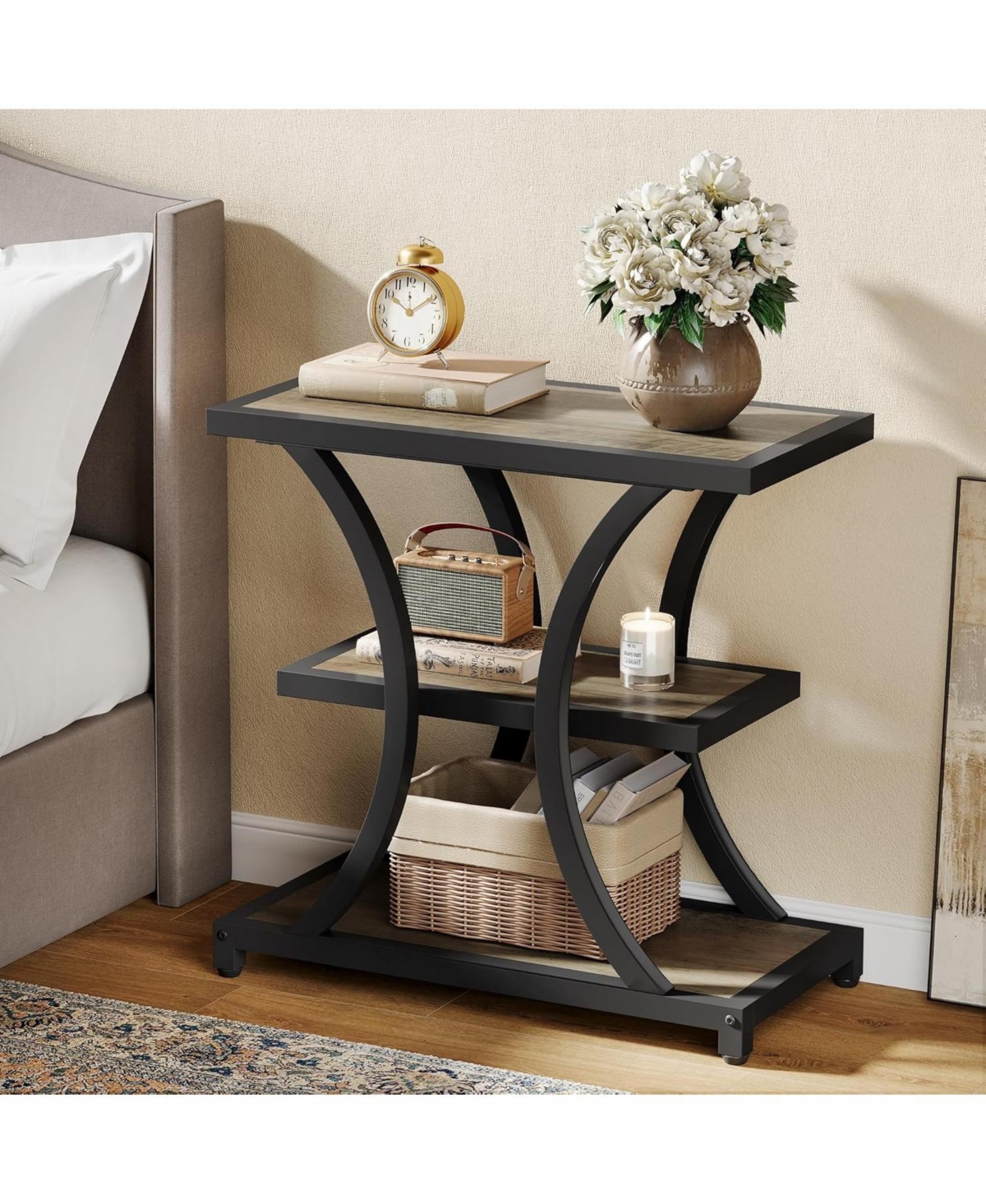 Tribesigns End Table with Storage Set of 2, 3-Tier Side Geometric Metal Design, Industrial Nightstand