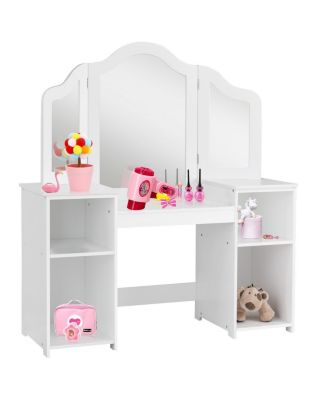 Vanity Table Set Makeup Dressing Kids Girls Study Table Tri Folding Mirror