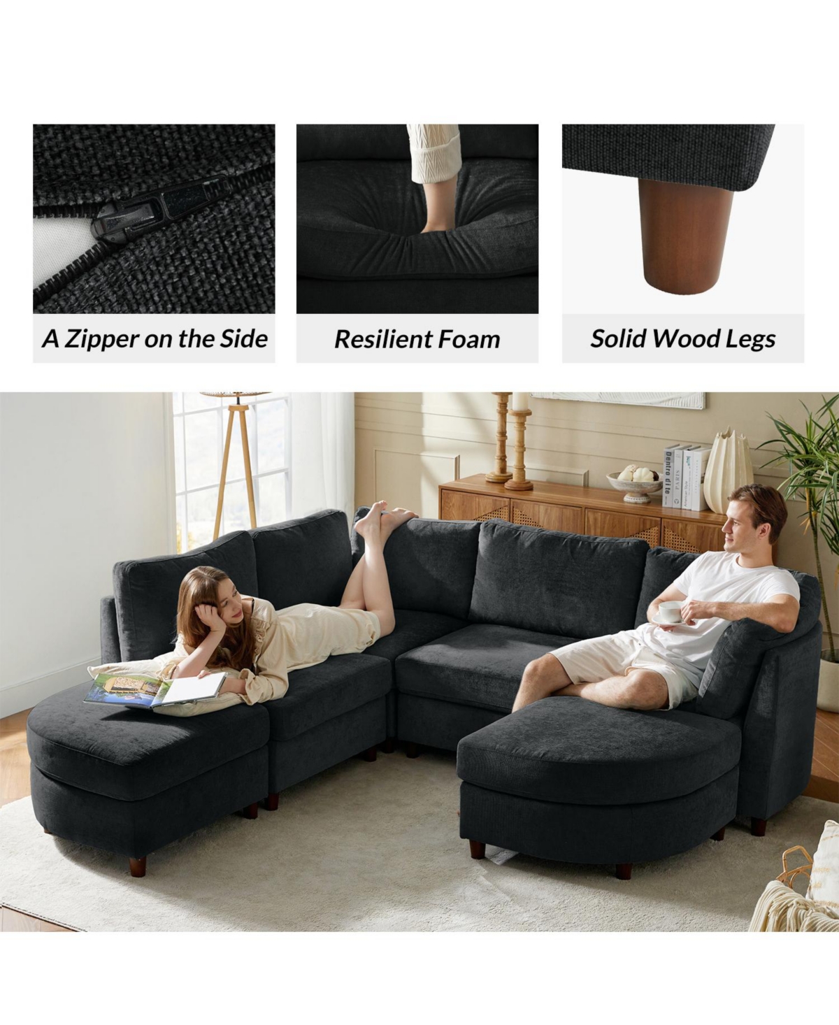 Hulala Home Dayman 6-Piece Modern Storage Convertible Sectional Sofa with End Table