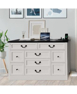 9 Farmhouse Dresser with Charging Station & Metal Handle, Wooden Tv Stand with Dressers, 9 Drawer Dressers for Bedroom Living Room Enterway