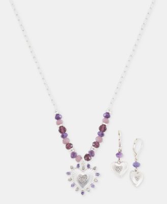 Crystal Heart Beaded Pendant Necklace & Drop Earrings Set