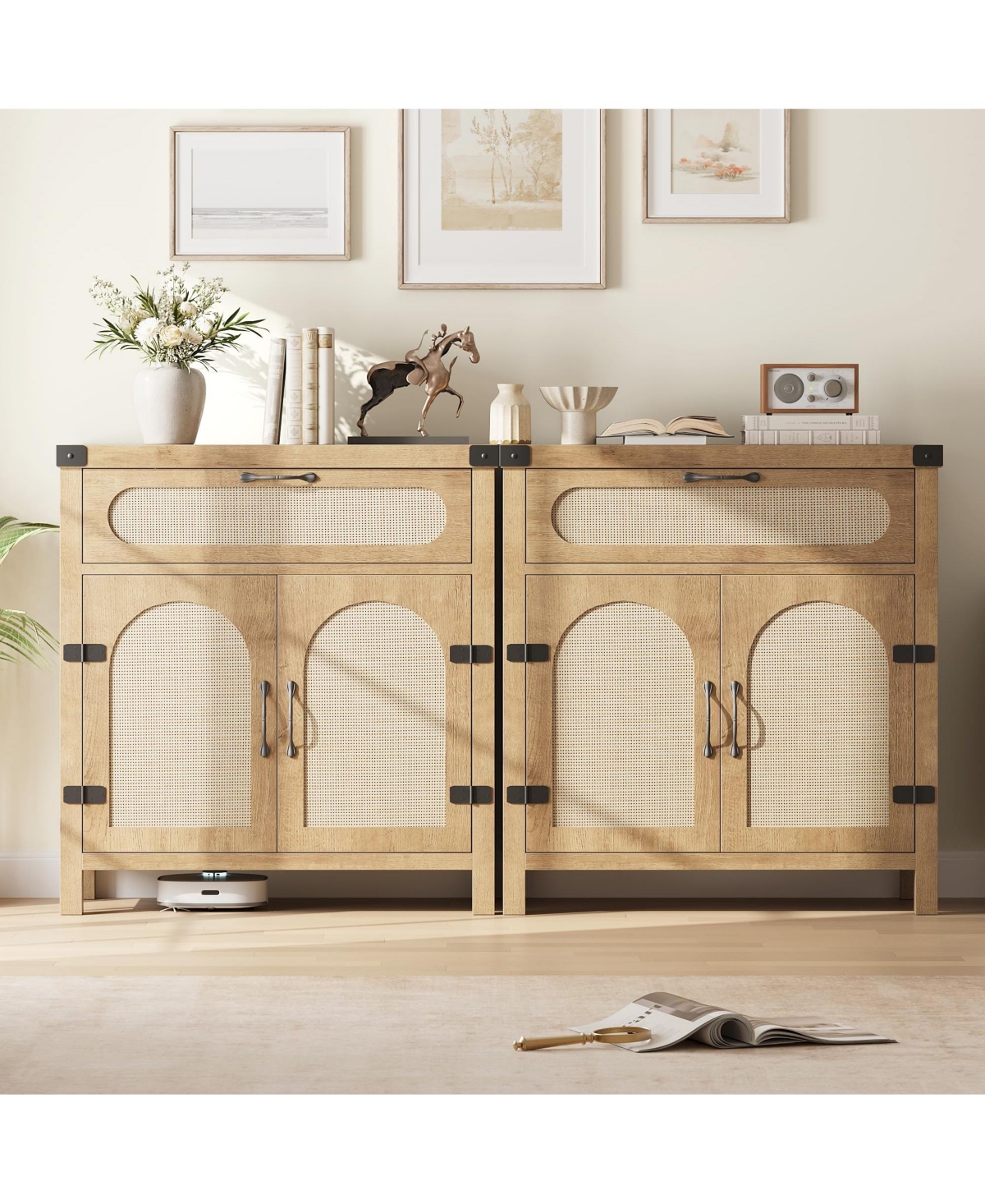 Gaomon 2Pcs Rattan Sideboard Buffet Cabinets with Storage, Farmhouse Kitchen Accent Storage Cabinet with Drawer