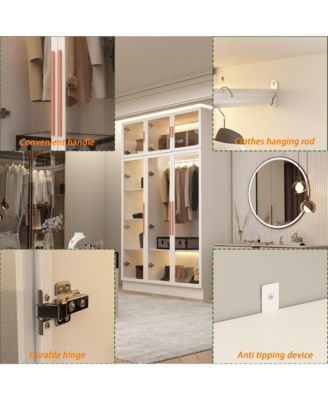 47 Inch W Glass Doors Armoires Metal Frame Wardwore with LED Lights, Hanging Rod (74.8 in. H x 19.2 in. D
