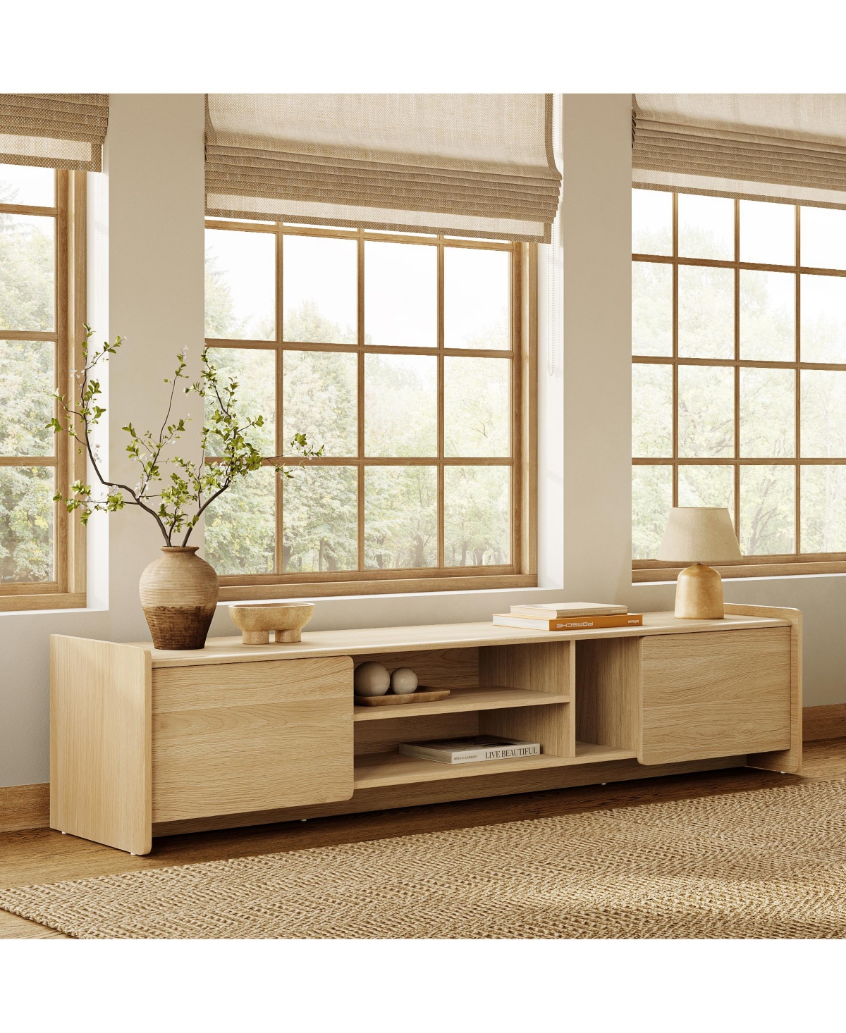 LuxenHome Hazel Oak Manufactured Wood 2-Door 70" Wide Tv Console Cabinet