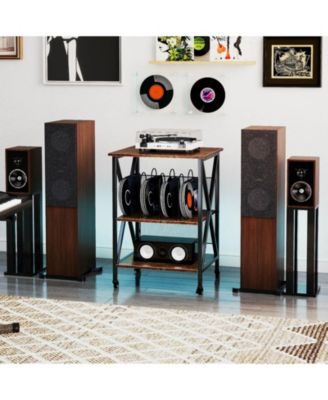 3-tier Record Player Stand with Metal Dividers Adjustable Shelf & Power Outlets