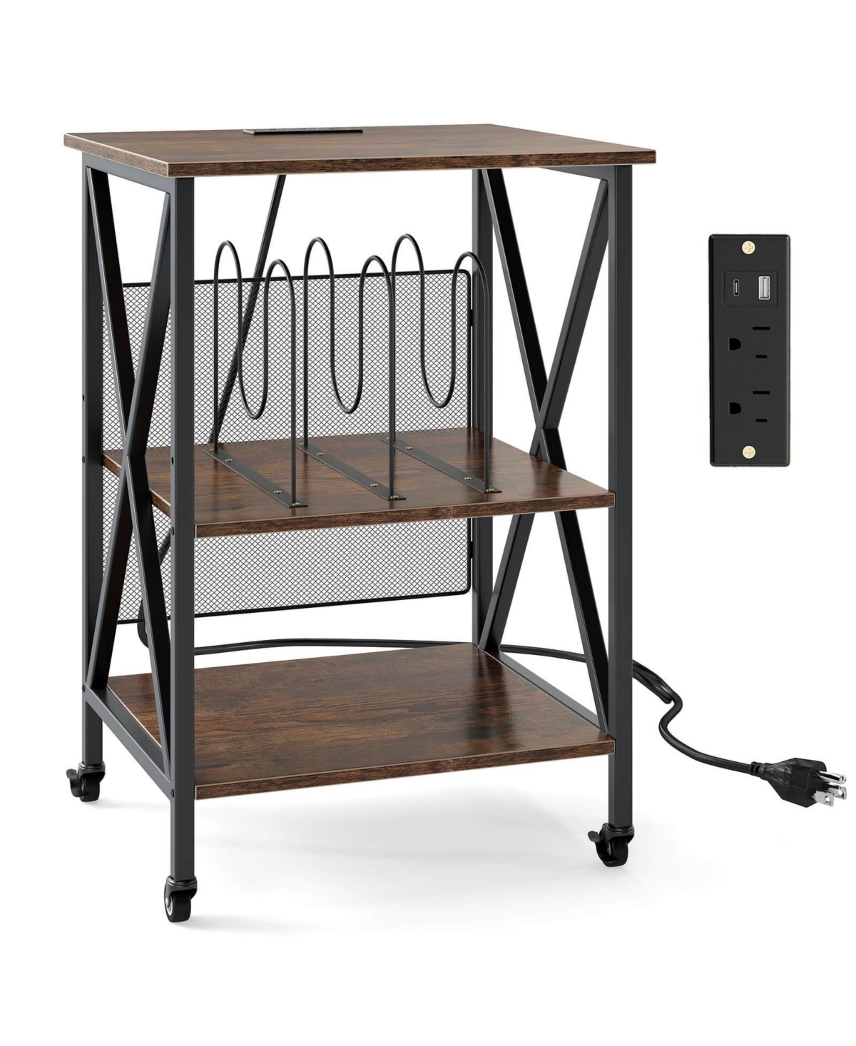 Costway 3-tier Record Player Stand with Metal Dividers Adjustable Shelf & Power Outlets