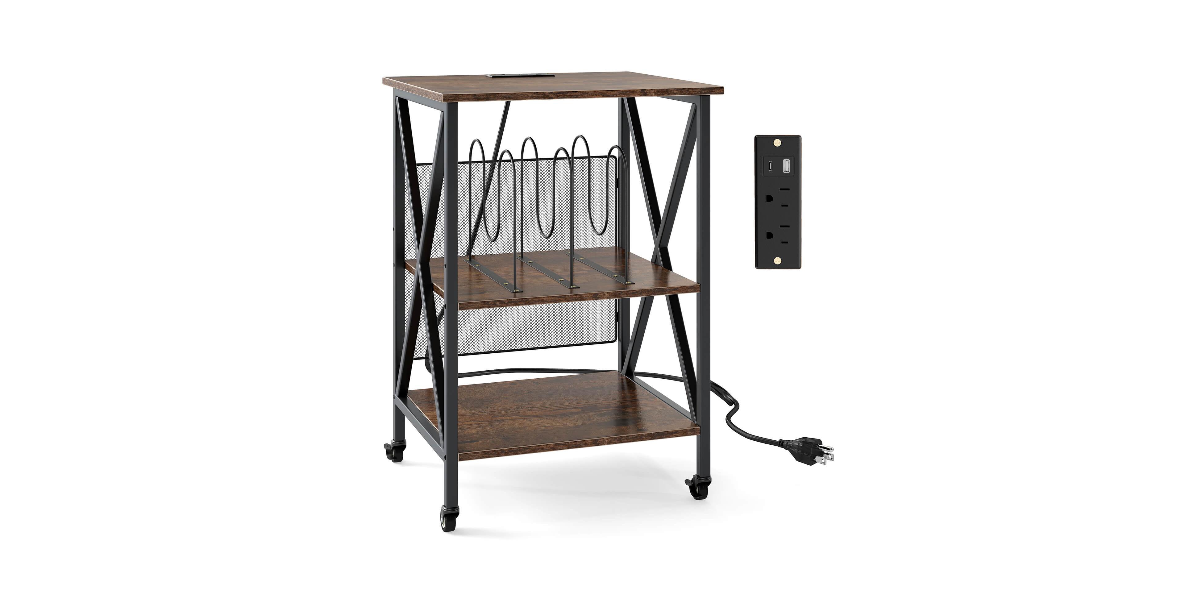 Costway 3-tier Record Player Stand with Metal Dividers Adjustable Shelf & Power Outlets