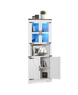 Tall Corner Cabinet, Farmhouse Corner Storage Cabinet with Glass Door & Adjustable Shelves, Space Saving Storage