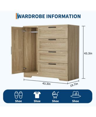 43.3'' Small Wardrobe Closet, Wardrobe Cabinet with Door, 4 Drawers and Handing Rod, Wooden Clothes Cabinet 4 Drawer Dresser