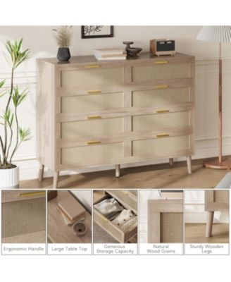 Rattan 8-Drawer Double Dresser, Modern Wood Storage Chest with Gold Handles for Bedroom, Living Room, Closet, or Entryway