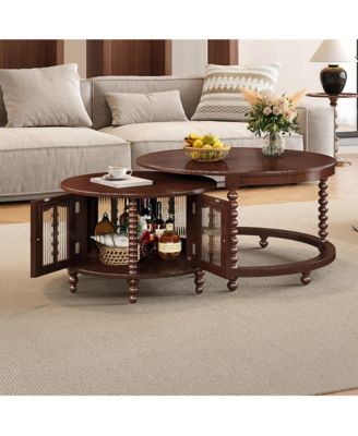 31.3" Vintage Walnut Coffee Table with Bamboo-Shaped Glass Doors, Nesting Design