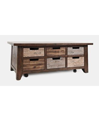 Rustic Solid Acacia Box Coffee Table with Pull-Through Drawers and Caster Wheels