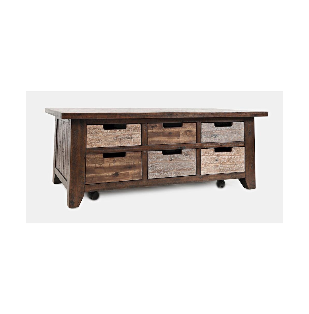 Jofran Rustic Solid Acacia Box Coffee Table with Pull-Through Drawers and Caster Wheels
