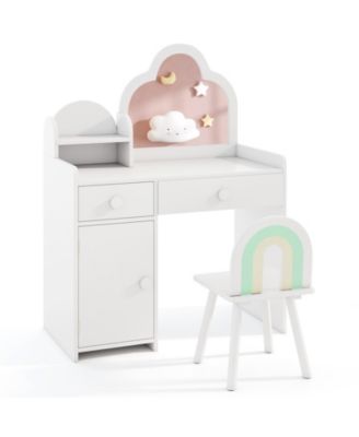 Kids Vanity Table and Chair Set with Cloud-shaped Mirror Open Shelf Storage Drawers