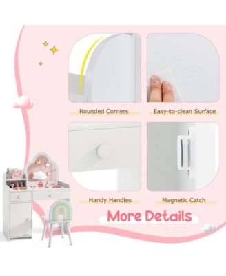 Kids Vanity Table and Chair Set with Cloud-shaped Mirror Open Shelf Storage Drawers