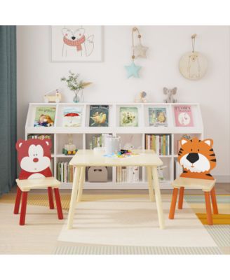 3-Piece Kids Table and Chair Set with Bear and Tiger Theme in Natural