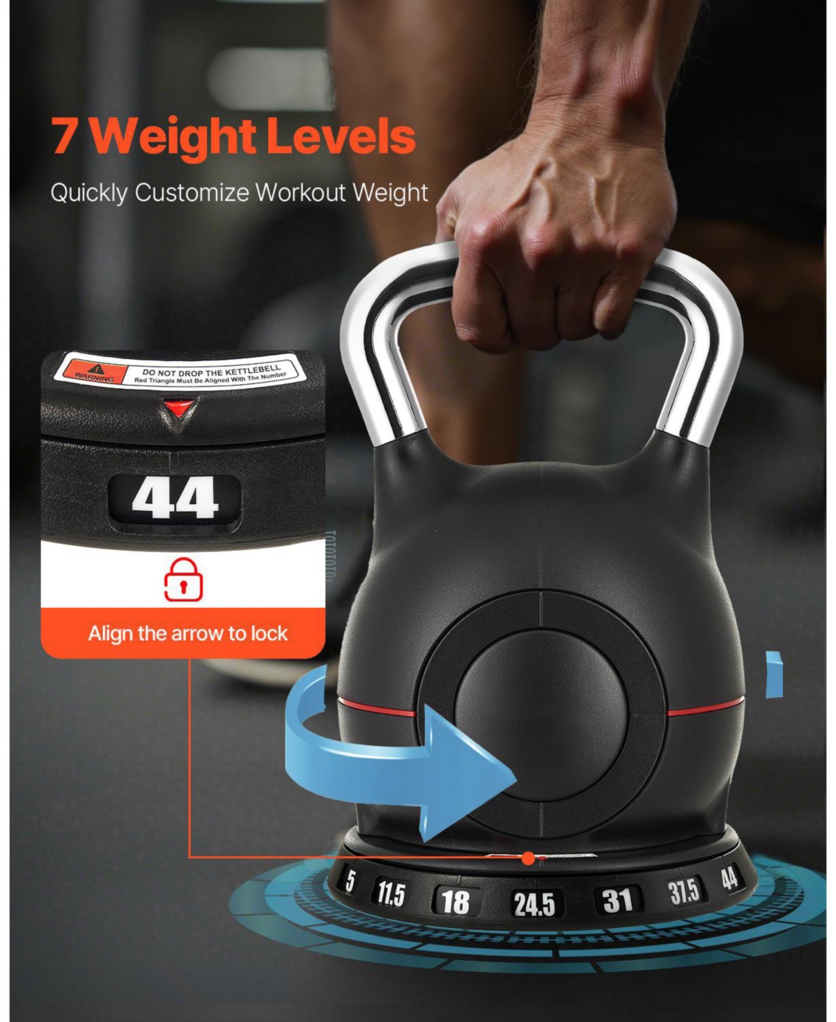 Sugfit Adjustable Kettlebell 5–44 Lb 7-Level Weight Training Kettlebell