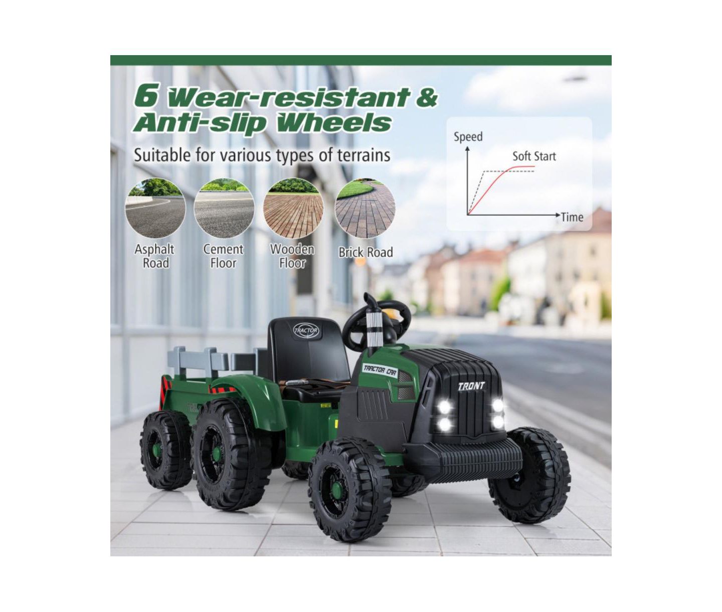 Детская игрушка HONGGE 24V Kids Ride On Tractor with Detachable Trailer, цвет: Тёмный зелёный — фото 9