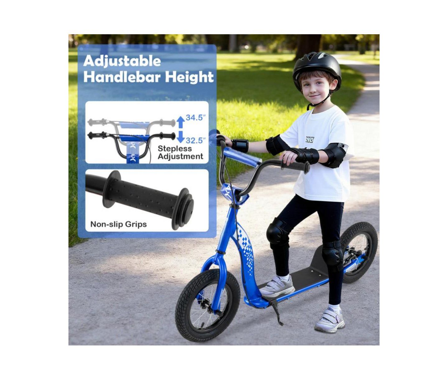 Детская игрушка HONGGE Youth Kick Scooter with Adjustable Height & Inflatable Wheels, Wide Deck, 165 lbs Capacity, Ages 8-13, цвет: Синий — фото 7