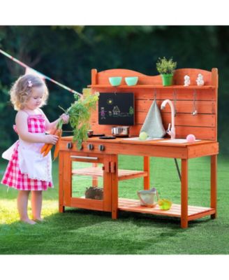 Wooden Outdoor Mud Kitchen for Kids with Sink Stove and Pots