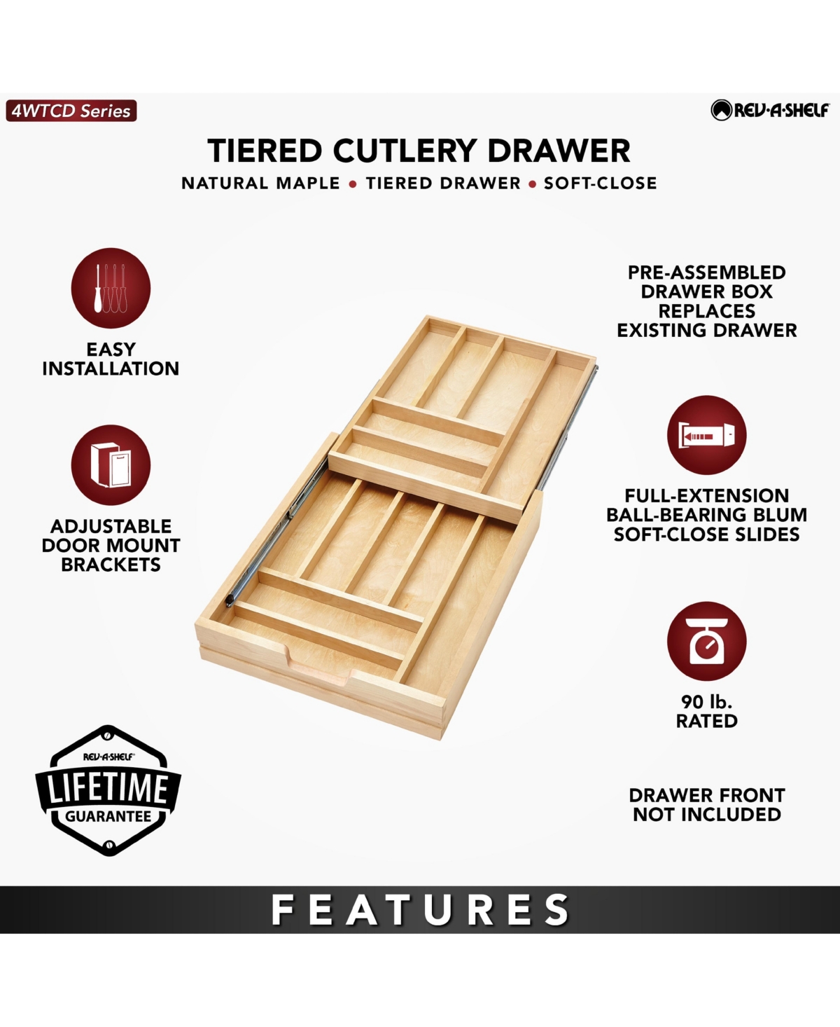 Rev-a-Shelf 18'' Tiered Cutlery Drawer Organizer w/ Soft-Close, 4WTCD-21HSC-1