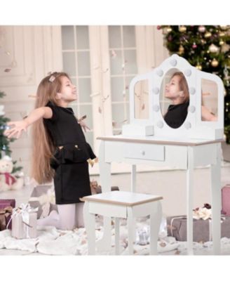 Kids Vanity with Lighted Mirror, Little Girls Vanity Table & Stool, Kids Makeup with Tri-Fold Mirror, Drawer & Storage Grid for 3-9 Yrs Girls