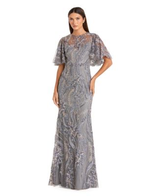 Women's High Neck Flutter Sleeve Floral Embroidered Gown