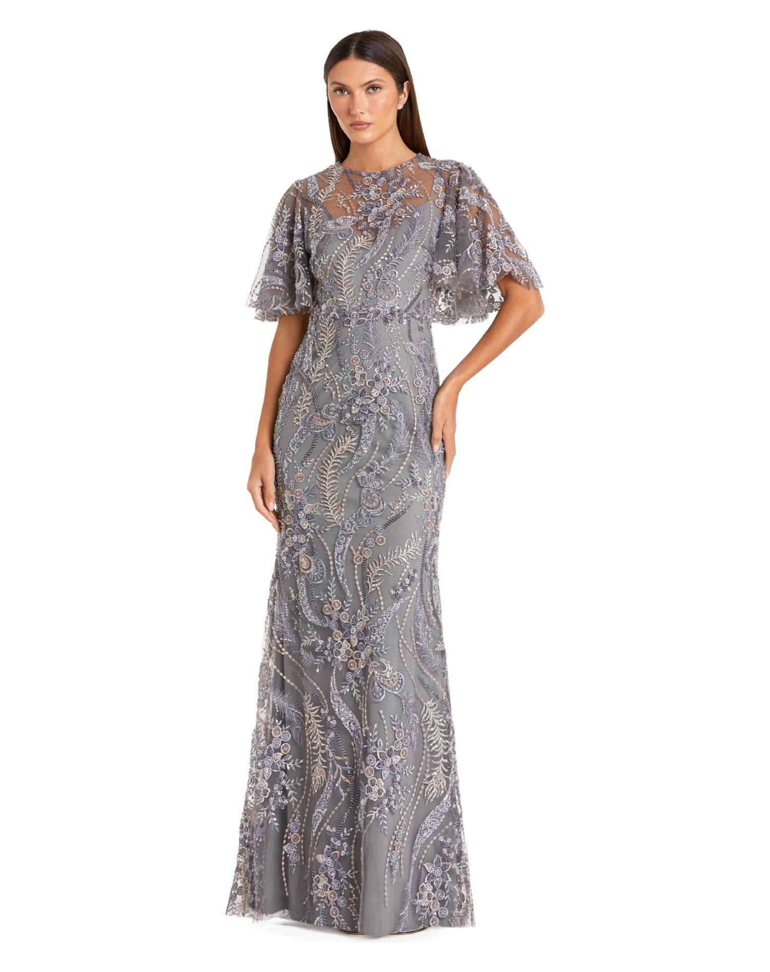 Women's High Neck Flutter Sleeve Floral Embroidered Gown