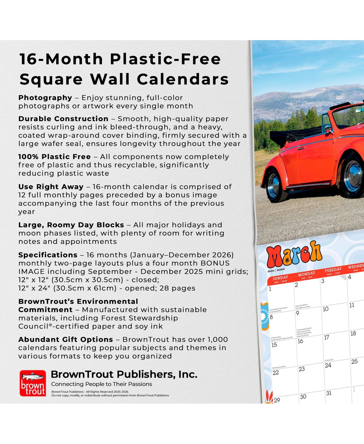 BrownTrout Motor Club Love Bug | 2026 12 x 24 Inch (Hanging) Monthly Square Wall Calendar | Plastic-Free