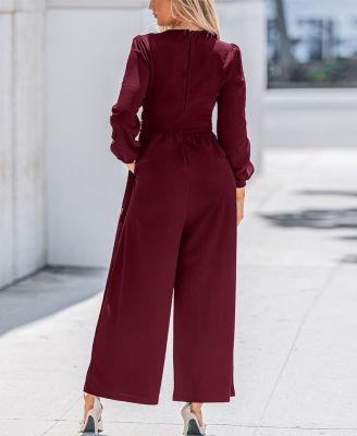 Women's Plunging V-Neck Long Sleeve Wide-Leg Jumpsuit