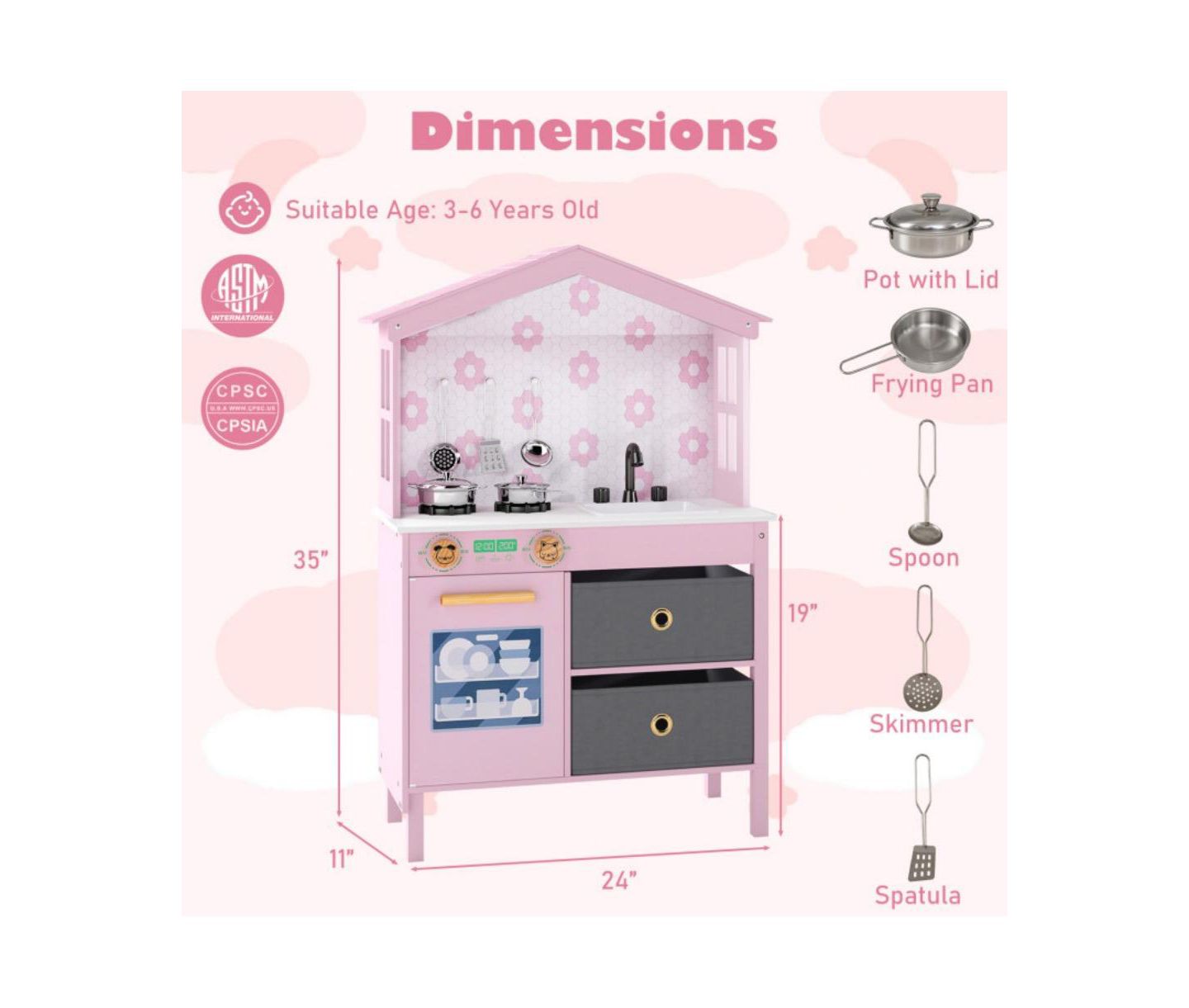 Детская игрушка HONGGE Dual Stoves Wooden Play Kitchen, Ages 3+, цвет: Розовый — фото 9
