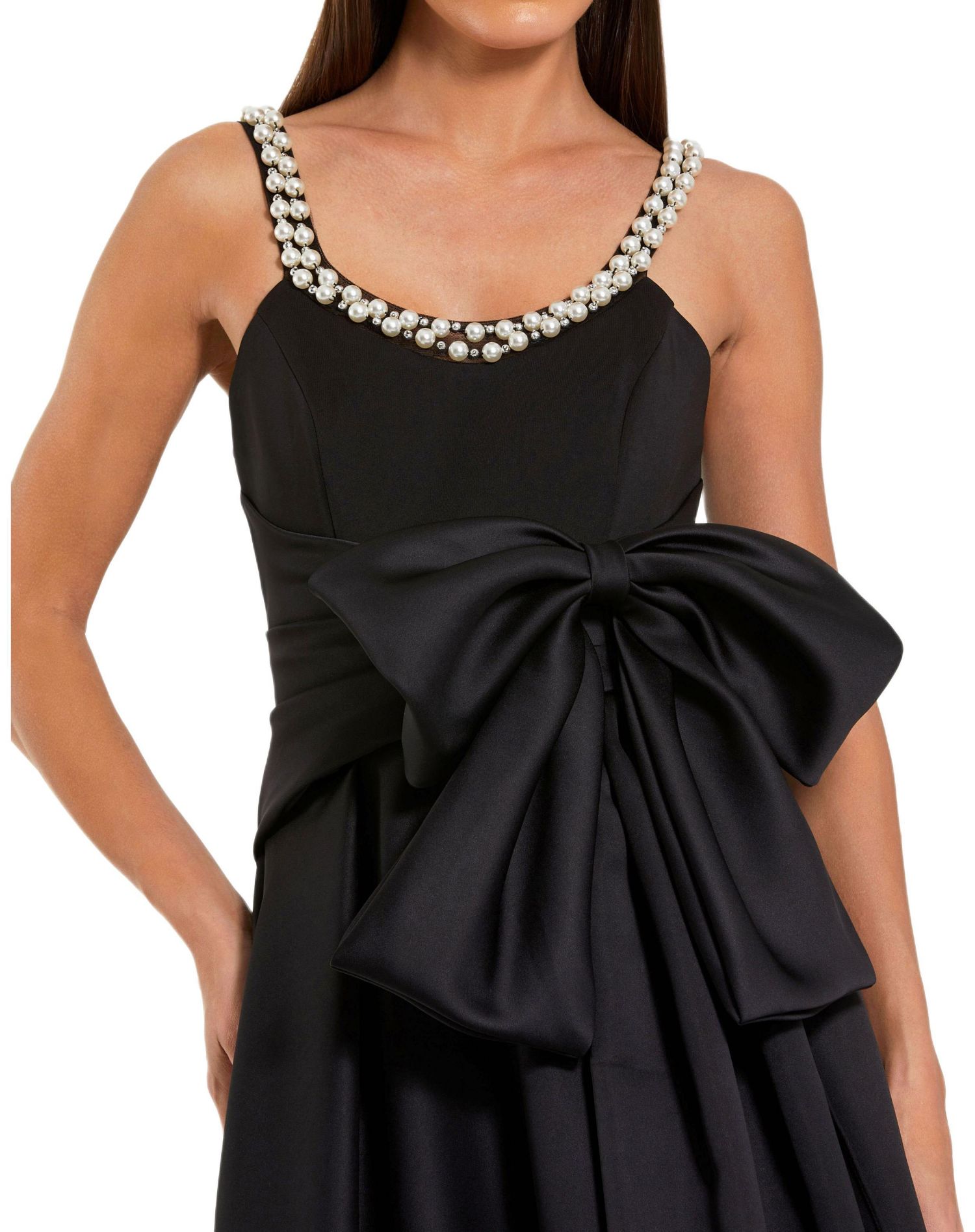 Women's Satin Gown With Pearl Neckline and Bow Detail