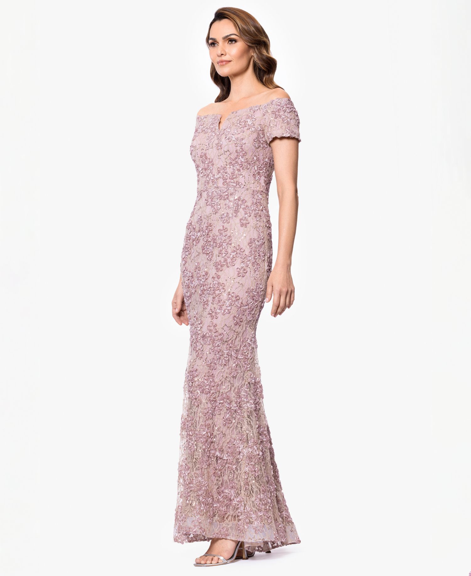 Petite Off-The-Shoulder Soutache Lace Gown