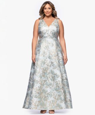 Plus Size V-Neck Glitter Brocade Long Ball Gown