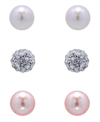 White and Pink Freshwater Pearl Button and Clear Crystal Fireball Stud Earrings Set