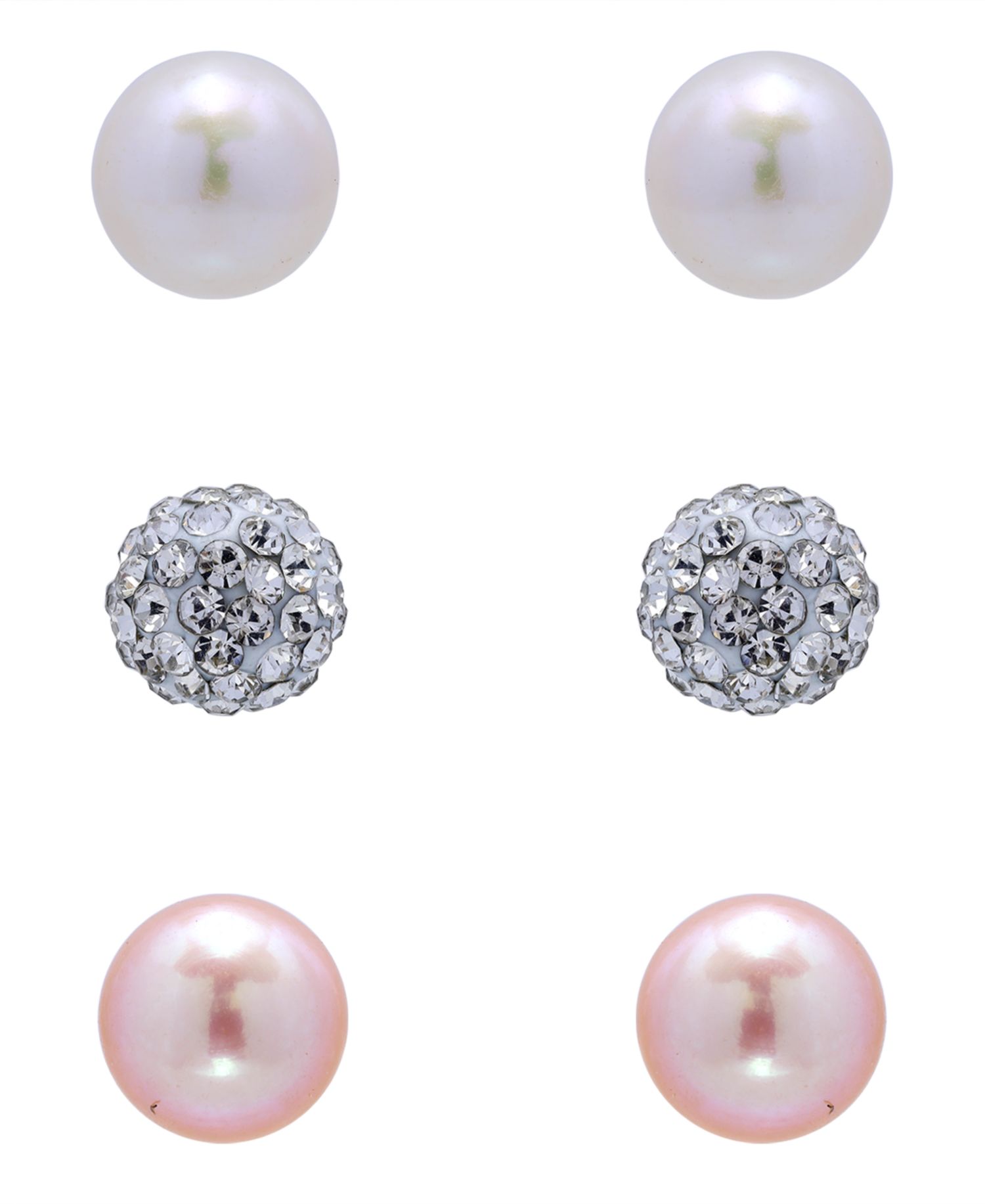 White and Pink Freshwater Pearl Button and Clear Crystal Fireball Stud Earrings Set