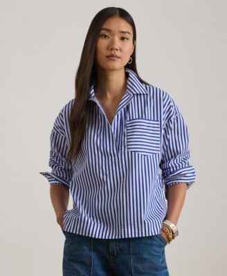 Petite Striped Long-Sleeve Cropped Shirt