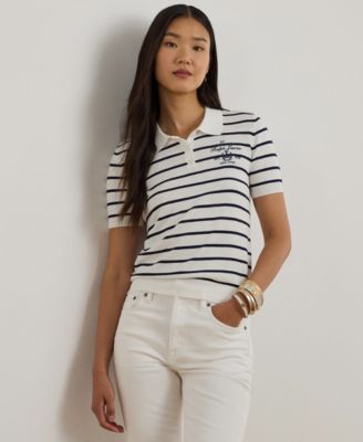 Petite Striped Short-Sleeve Polo Sweater
