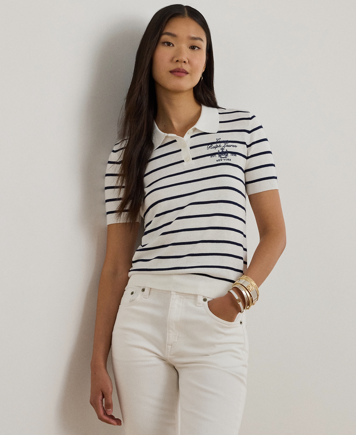 Lauren Ralph Petite Striped Short-Sleeve Polo Sweater