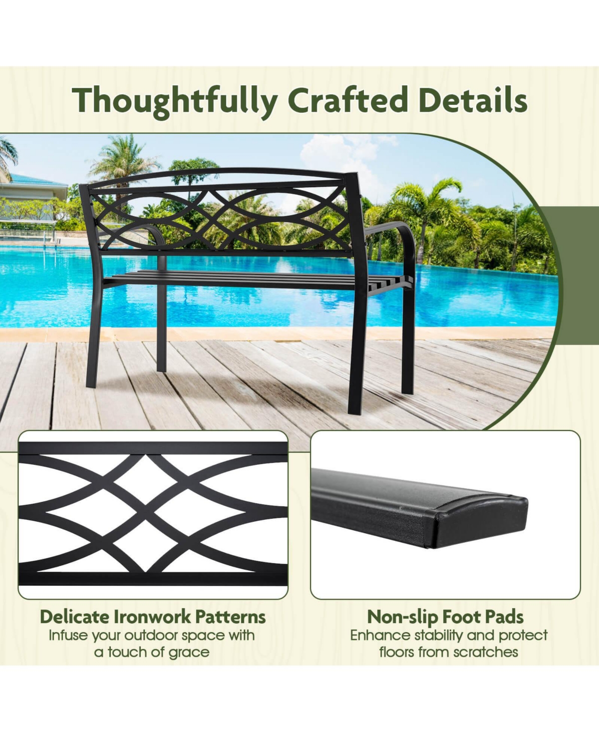 Costway Outdoor Bench 45.5" Patio Garden Bench with Backrest Curved Armrests for Backyard