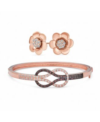 Tri-Tone Love Knot Bangle Bracelet and CZ Petal Cubic Zirconia Stud Earring Jewelry Set Rose Gold Plated