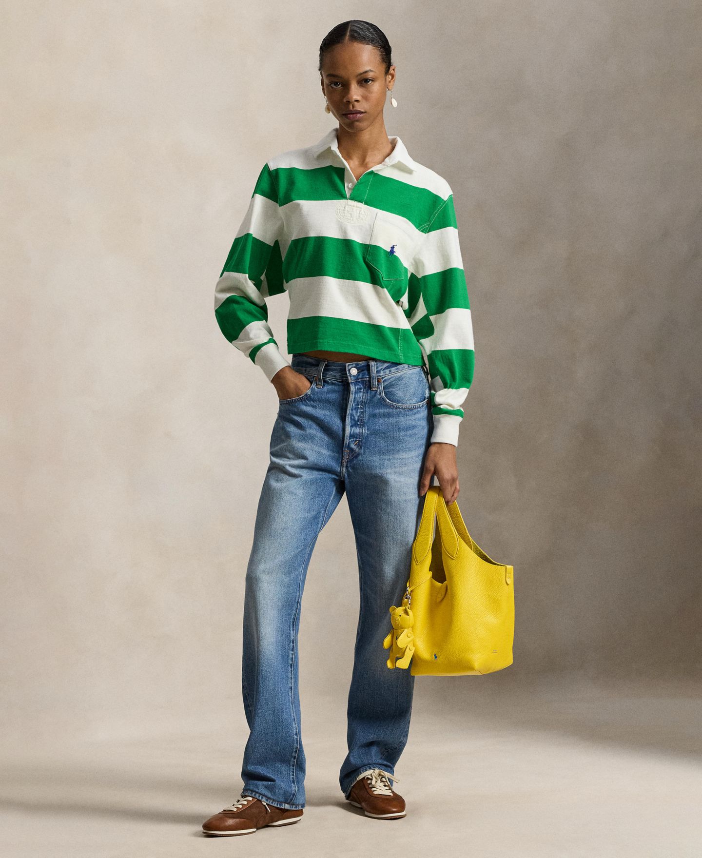 Женская рубашка Polo Ralph Lauren Wide Stripe Rugby Shirt, цвет: Зелёный / Белый — фото 2